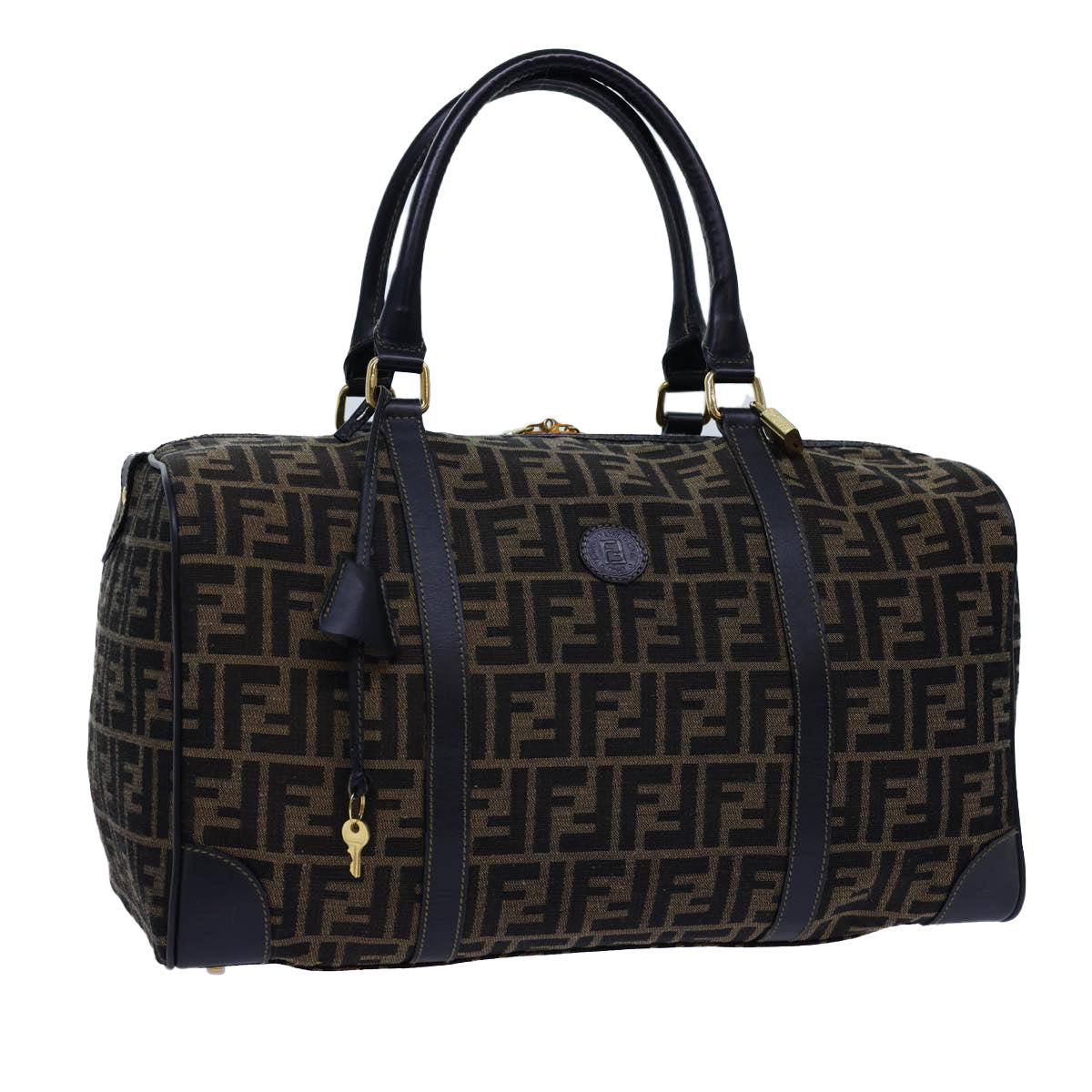 FENDI Zucca Canvas Boston Bag Leather Black Brown 54976