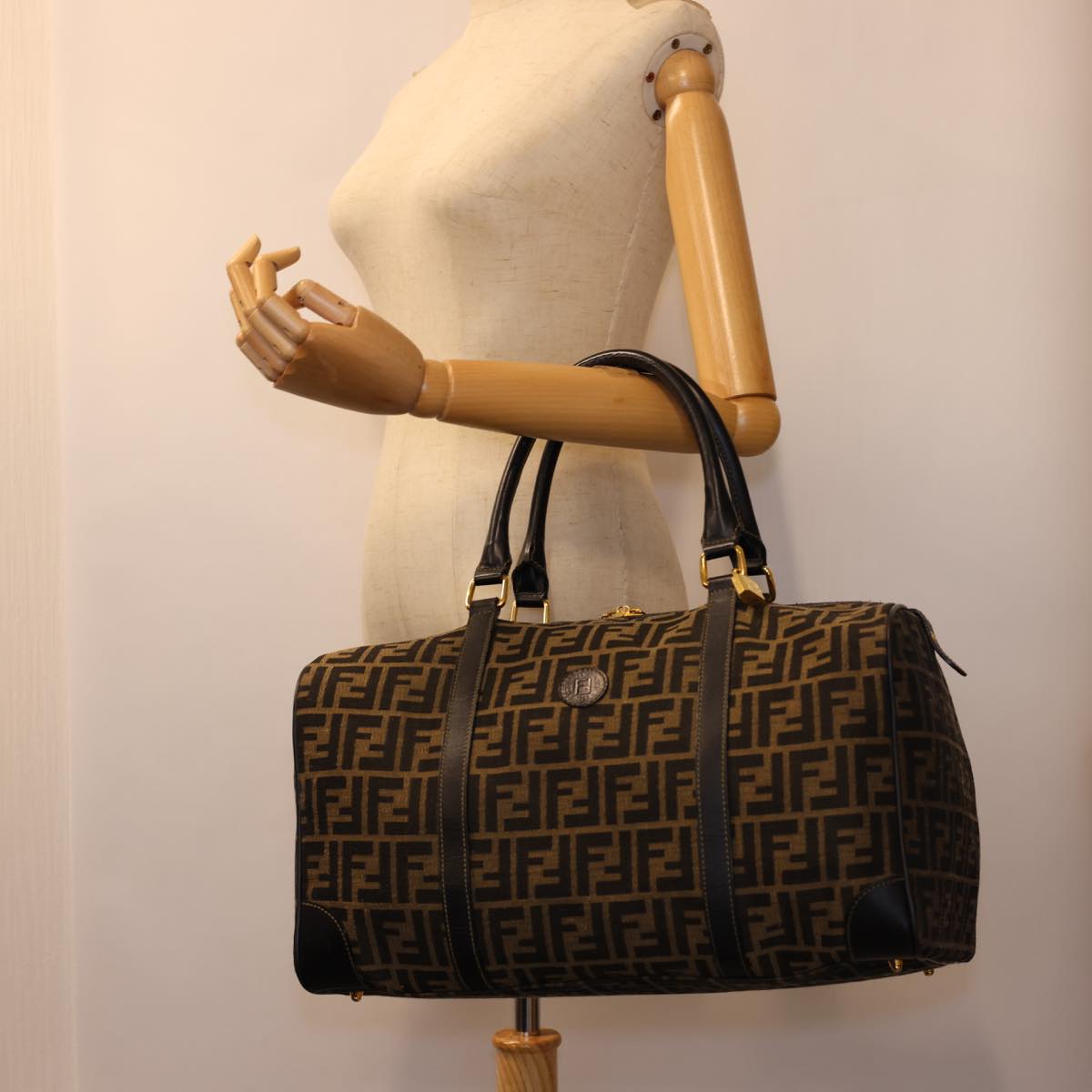 FENDI Zucca Canvas Boston Bag Leather Black Brown 54976