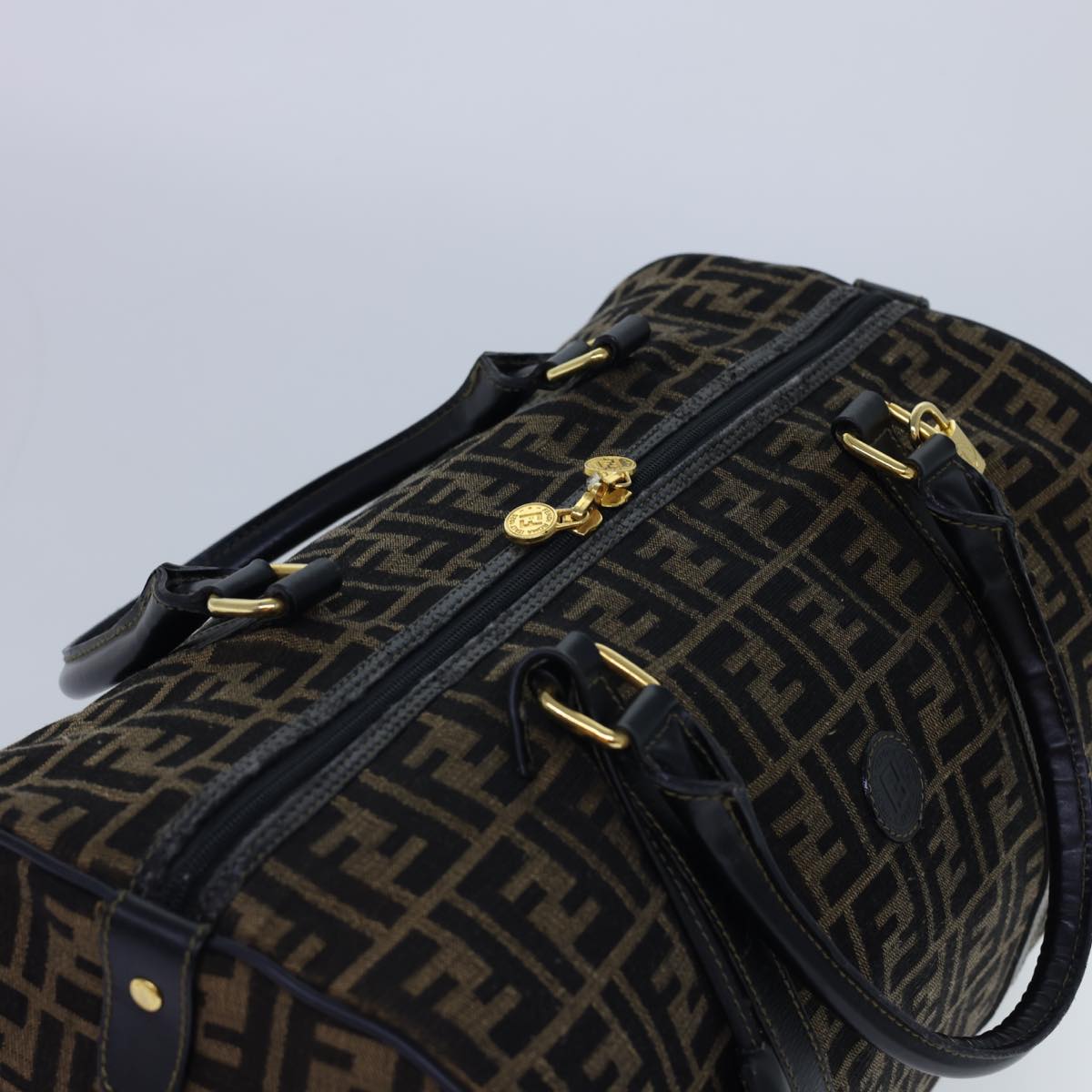 FENDI Zucca Canvas Boston Bag Leather Black Brown 54976