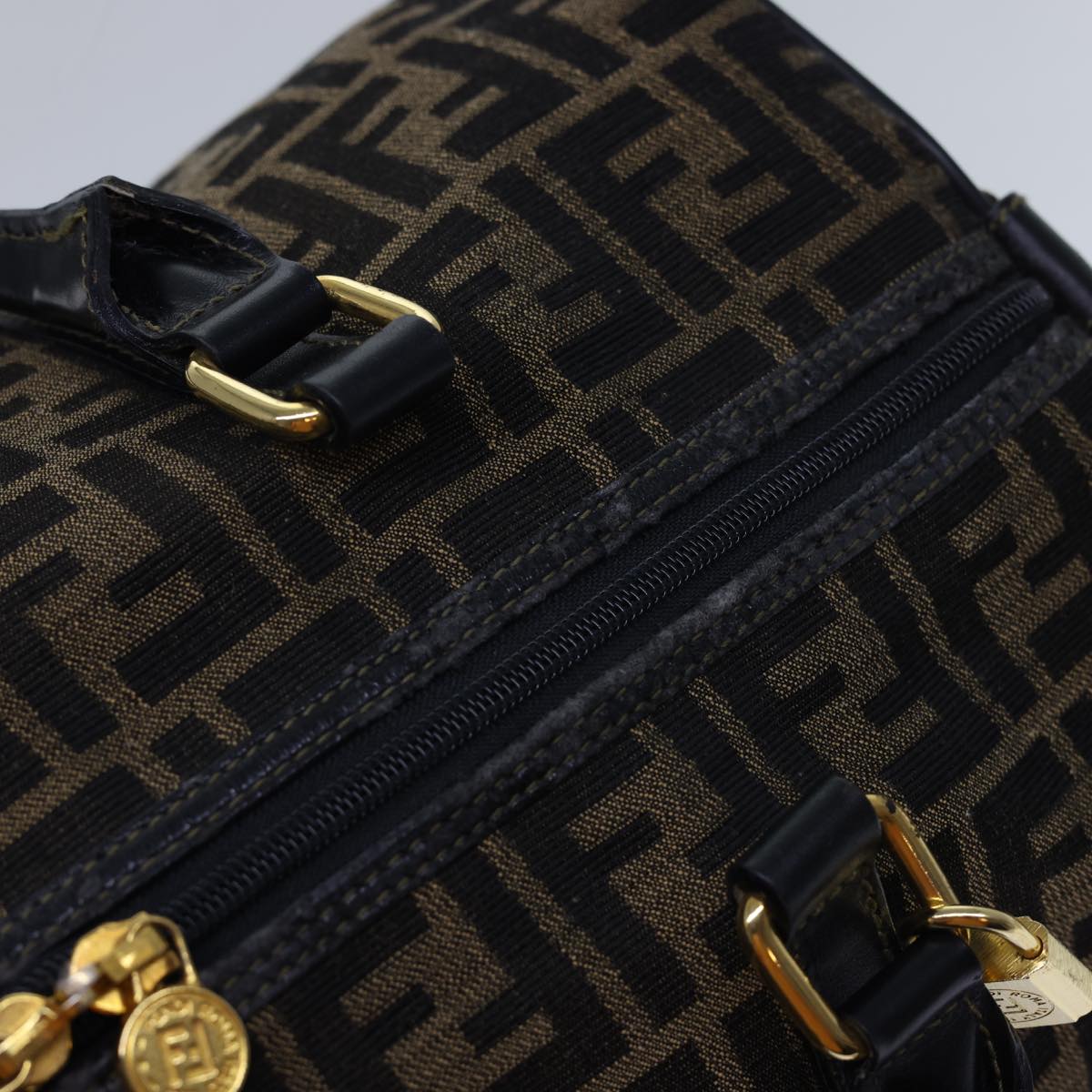 FENDI Zucca Canvas Boston Bag Leather Black Brown 54976