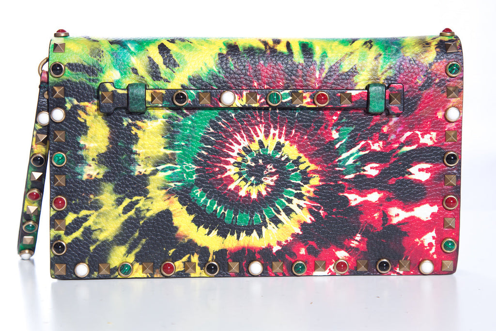 Valentino Pebbled Calfskin Tie-Dye Rockstud Rolling Wristlet Clutch