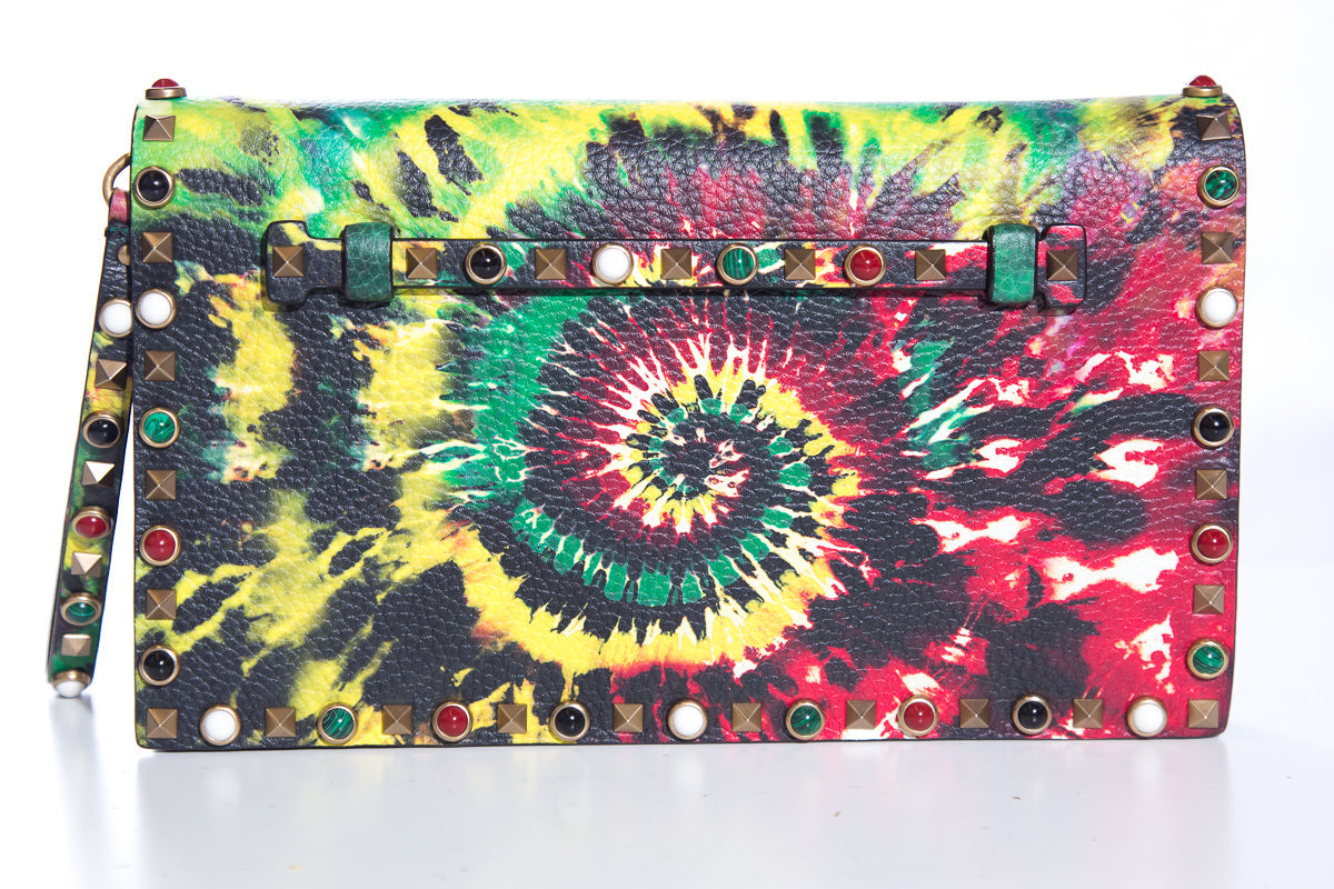 Valentino Pebbled Calfskin Tie-Dye Rockstud Rolling Wristlet Clutch