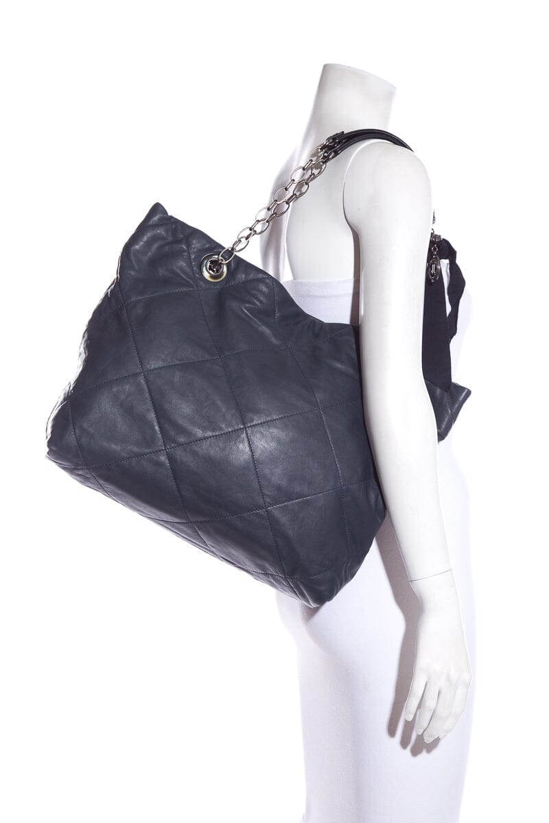Lanvin Navy Lambksin Leather Quilted Tote