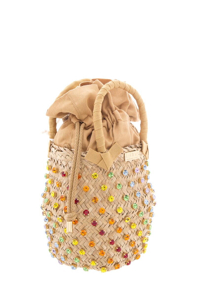 Le Nine Multicolor Embellished Raffia Bucket Bag NWT
