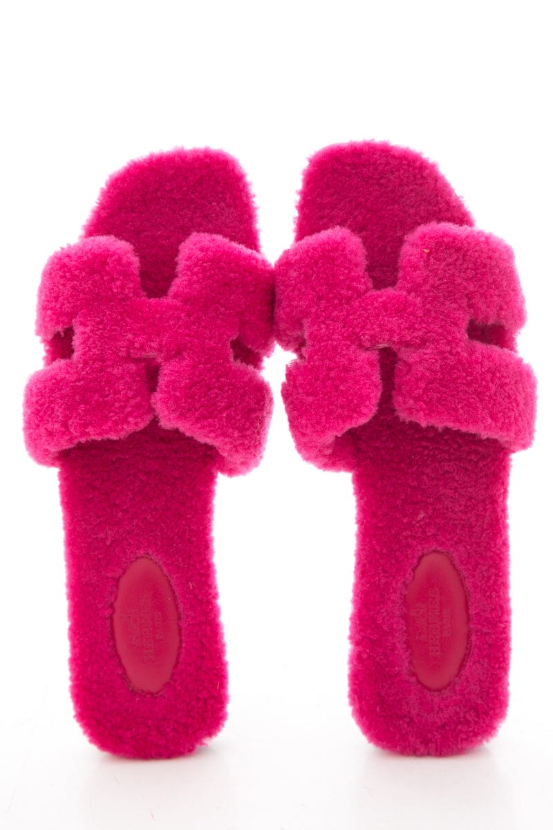 HermÃƒÆ’Ã‚Â¨s Oran Teddy Shearling Fun Pink Slides SZ 39.5
