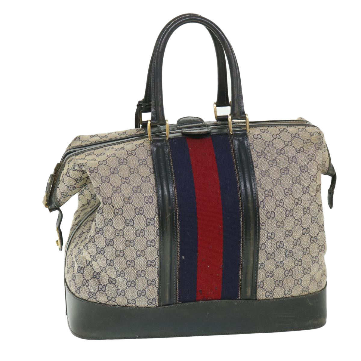 GUCCI GG Canvas Sherry Line Boston Bag Navy Red 55404