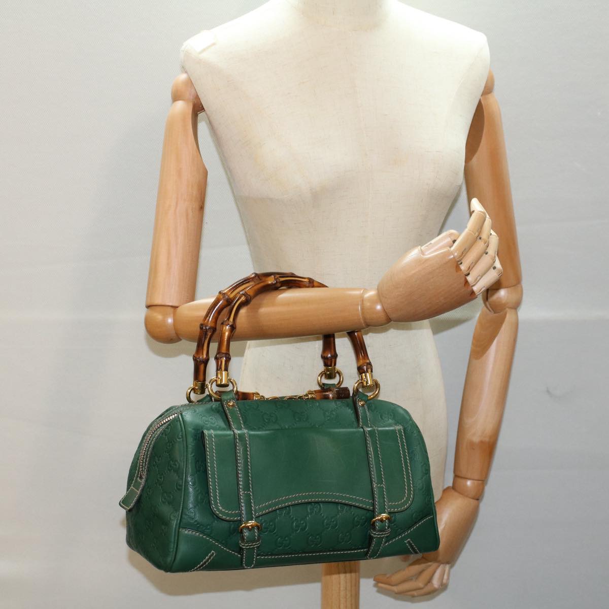 GUCCI GG Canvas Bamboo Guccissima Hand Bag Green 159400 55742