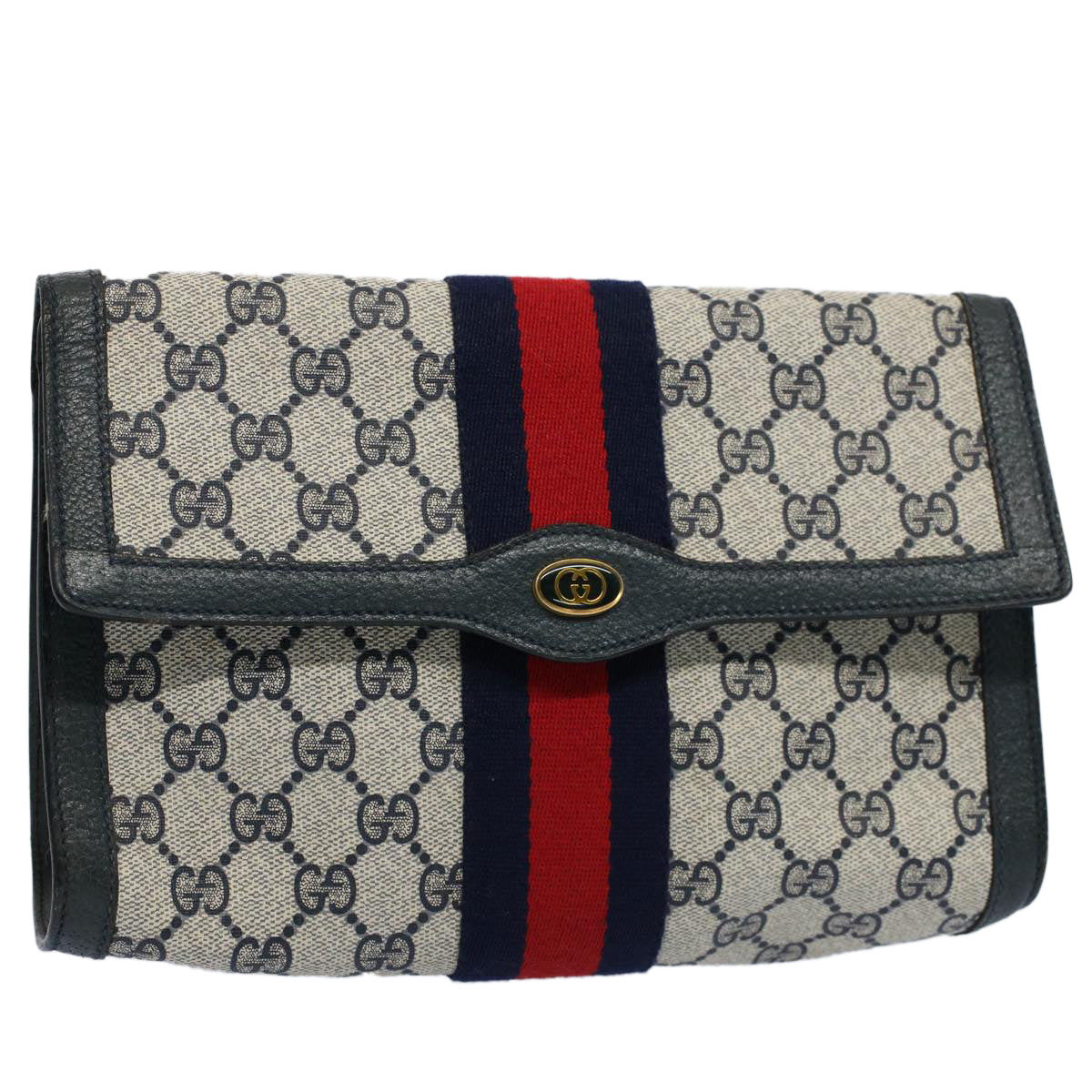 GUCCI GG Supreme Sherry Line Clutch Bag Gray Red Navy 89 01 006 55745