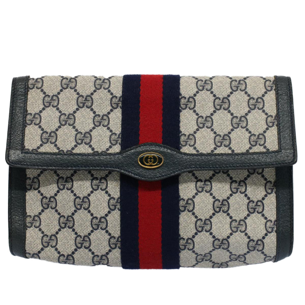 GUCCI GG Supreme Sherry Line Clutch Bag Gray Red Navy 89 01 006 55745