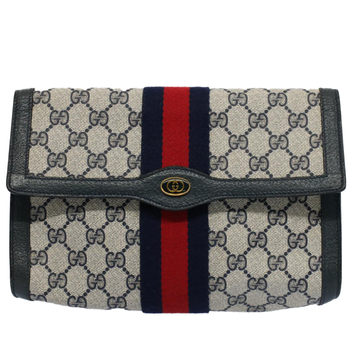 GUCCI GG Supreme Sherry Line Clutch Bag Gray Red Navy 89 01 006 55745