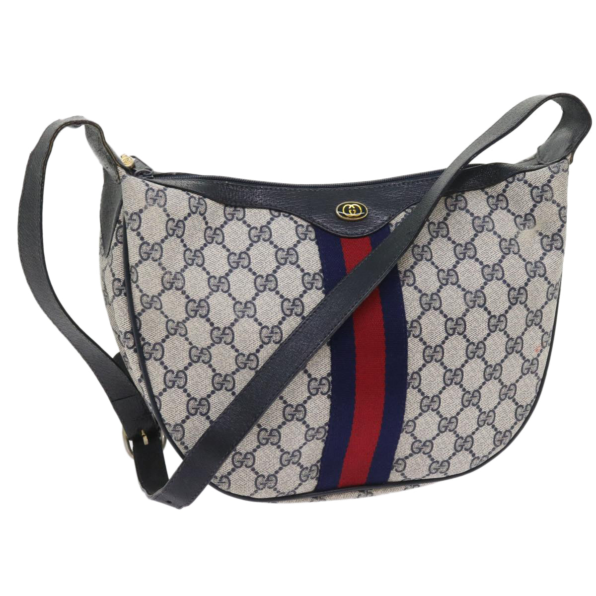 GUCCI GG Canvas Sherry Line Shoulder Bag PVC Leather Navy 10 12 3840 55760