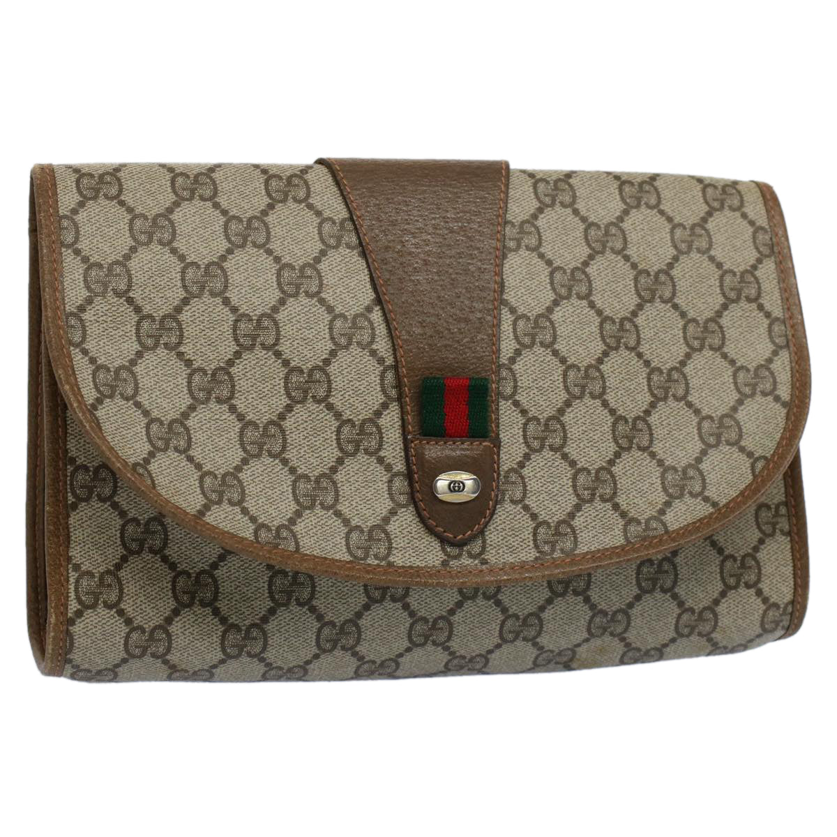 GUCCI GG Canvas Web Sherry Line Clutch Bag PVC Leather Beige Green 55840
