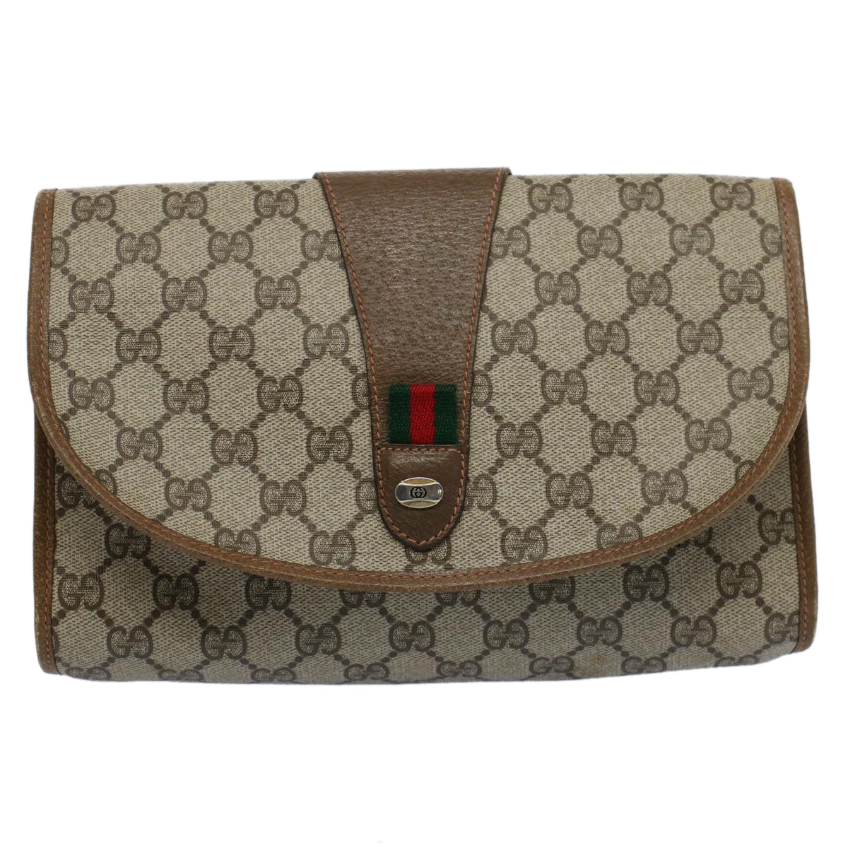 GUCCI GG Canvas Web Sherry Line Clutch Bag PVC Leather Beige Green 55840