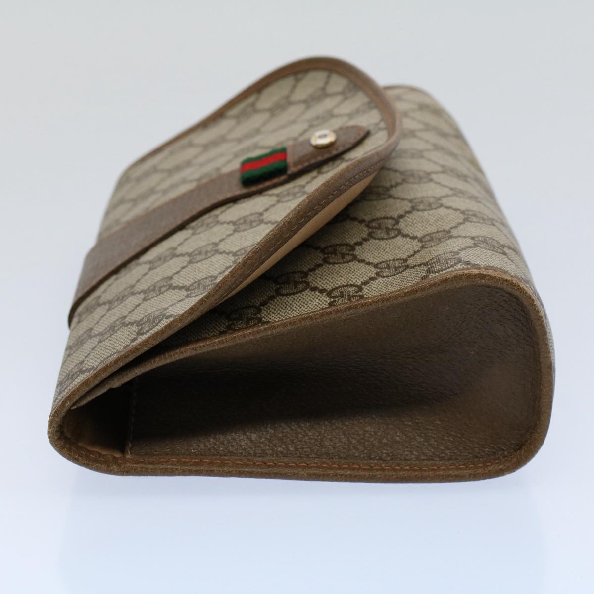 GUCCI GG Canvas Web Sherry Line Clutch Bag PVC Leather Beige Green 55840