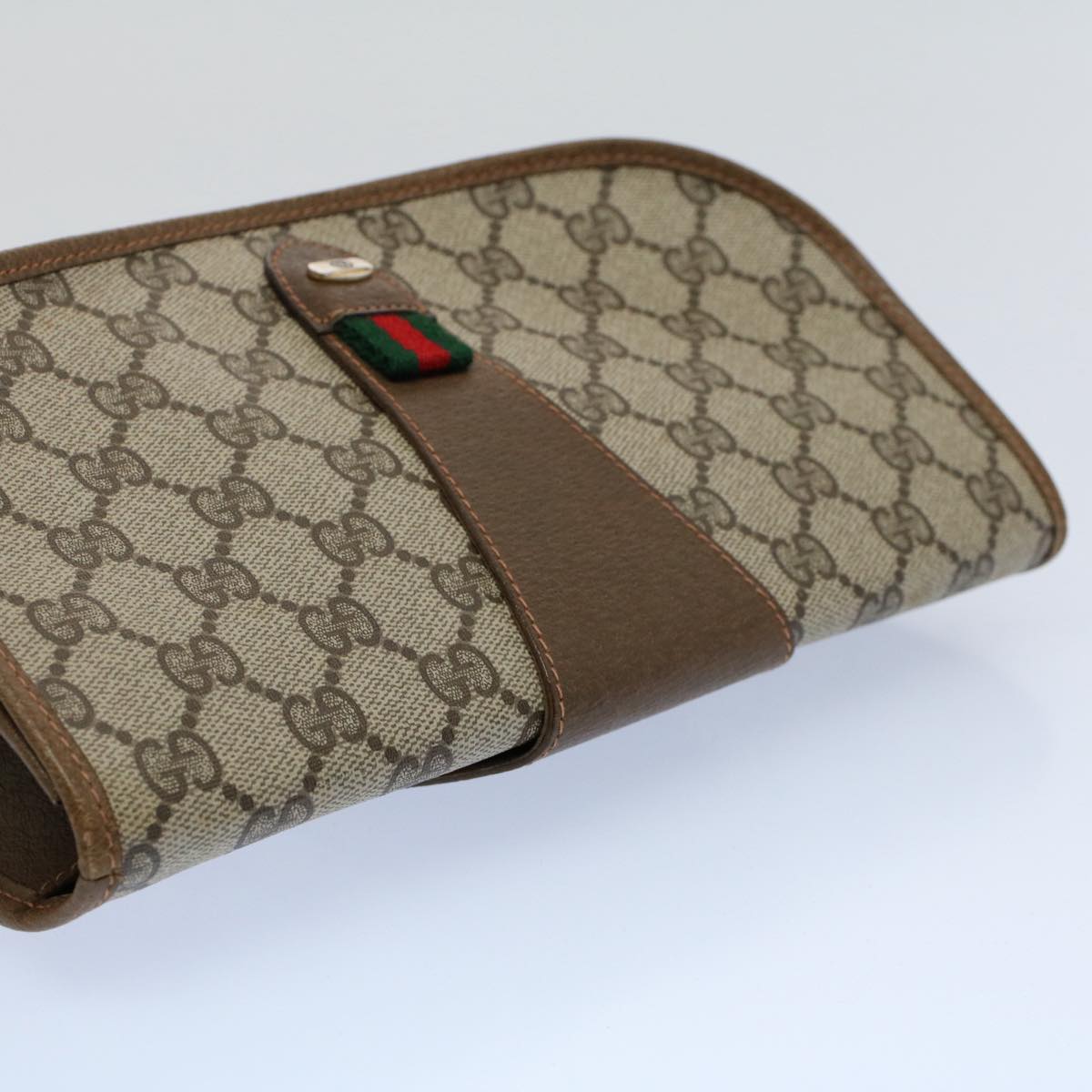 GUCCI GG Canvas Web Sherry Line Clutch Bag PVC Leather Beige Green 55840