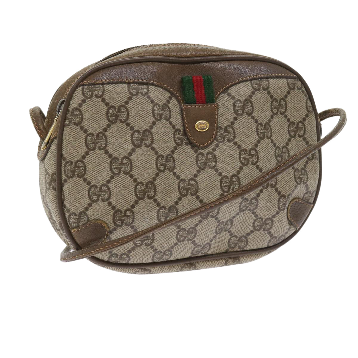 GUCCI GG Canvas Web Sherry Line Shoulder Bag PVC Leather Beige Red 55892