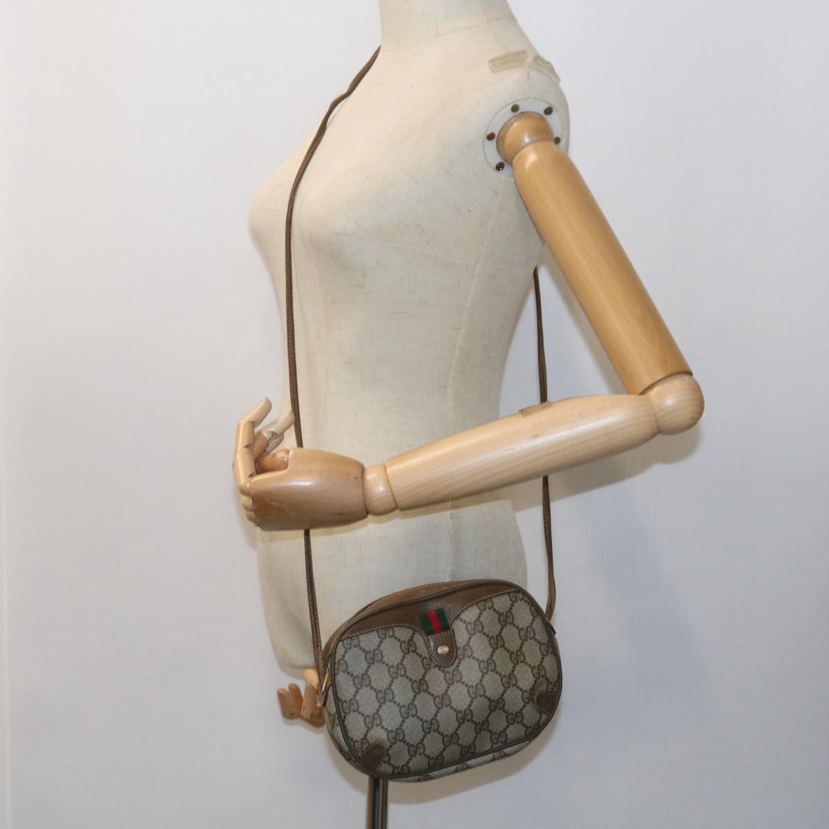 GUCCI GG Canvas Web Sherry Line Shoulder Bag PVC Leather Beige Red 55892