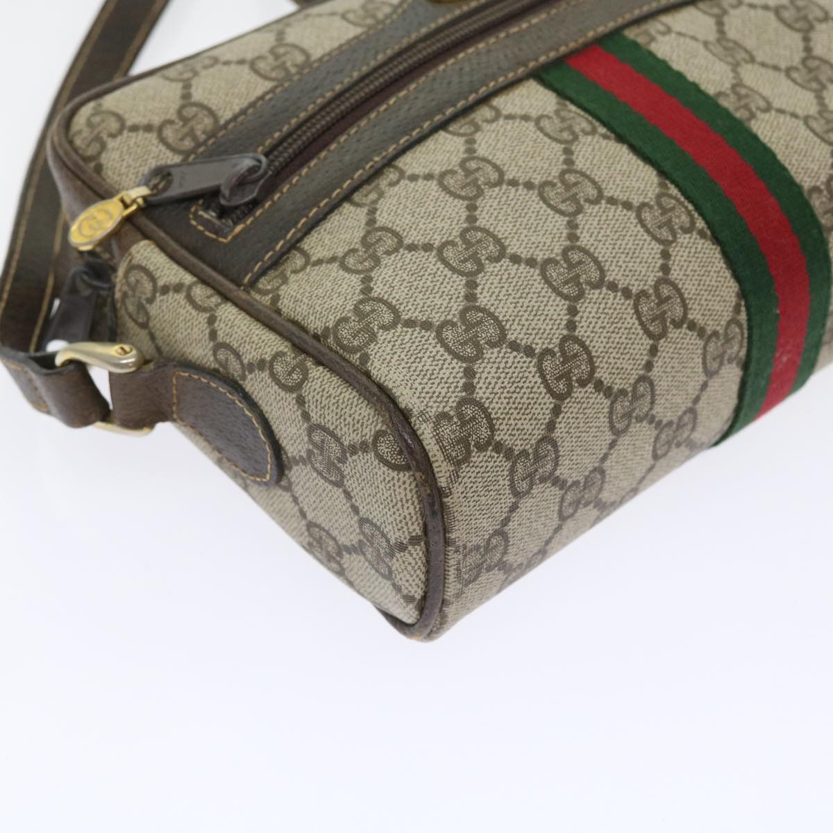 GUCCI GG Canvas Web Sherry Line Shoulder Bag PVC Leather Beige Red 55902