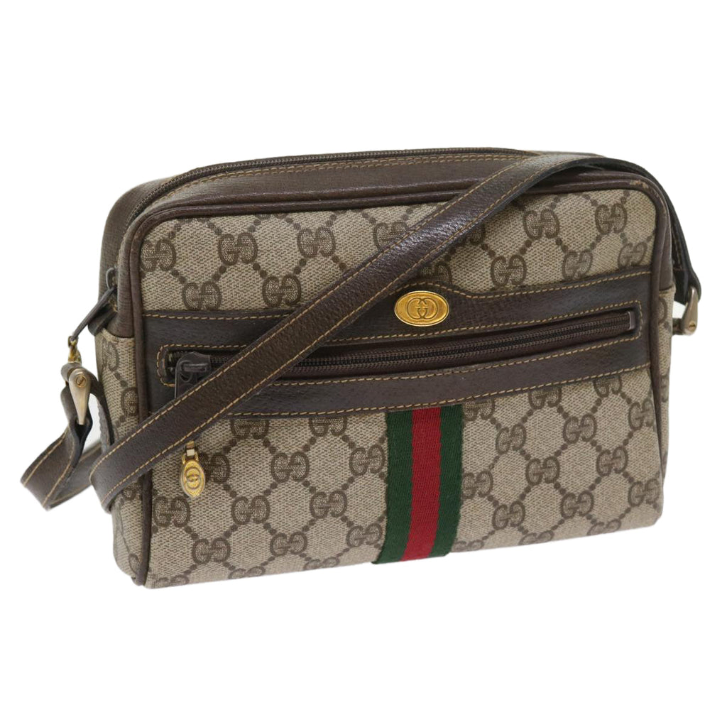 GUCCI GG Canvas Web Sherry Line Shoulder Bag PVC Leather Beige Red 55902