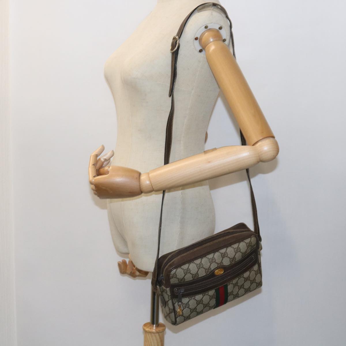 GUCCI GG Canvas Web Sherry Line Shoulder Bag PVC Leather Beige Red 55902