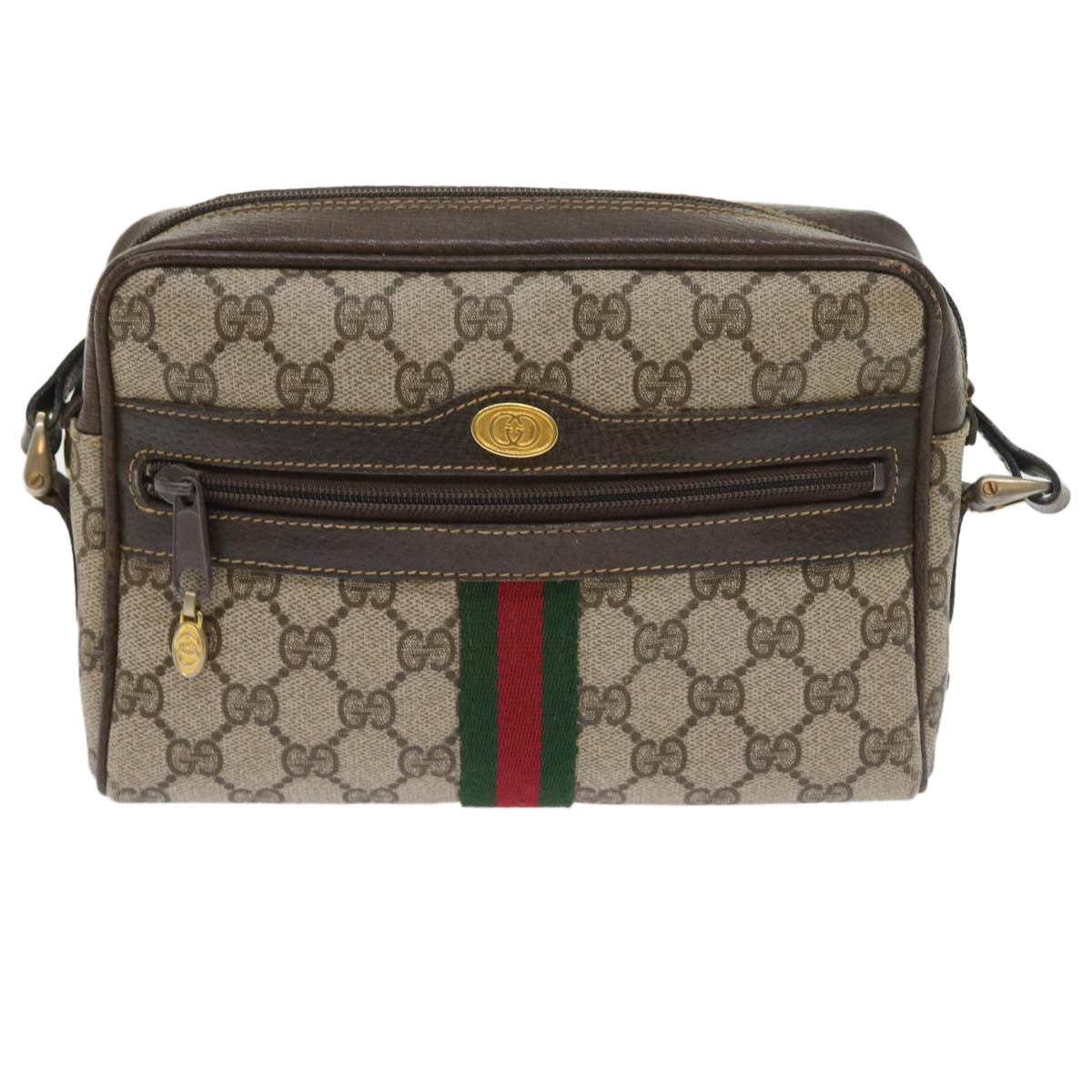 GUCCI GG Canvas Web Sherry Line Shoulder Bag PVC Leather Beige Red 55902