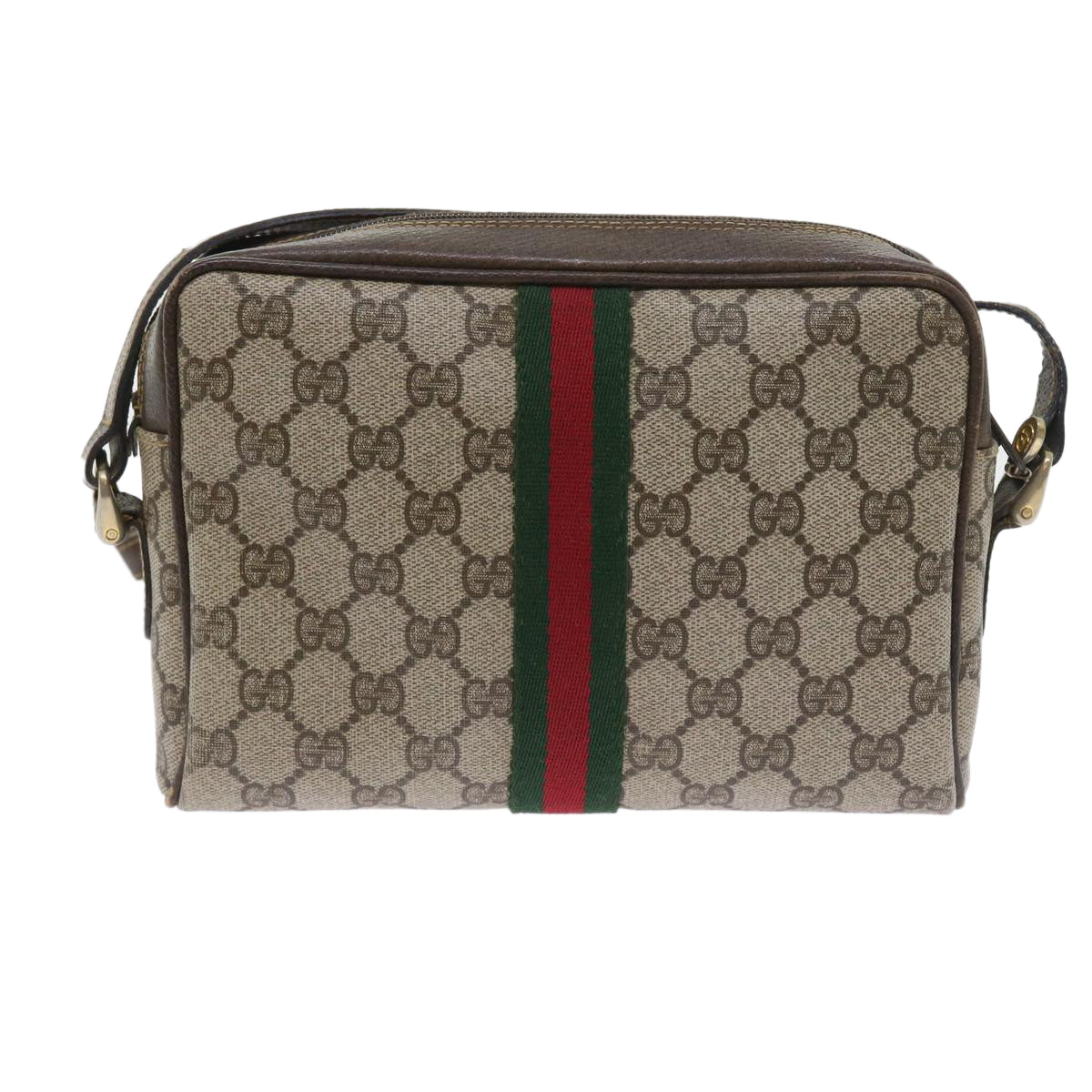 GUCCI GG Canvas Web Sherry Line Shoulder Bag PVC Leather Beige Red 55902