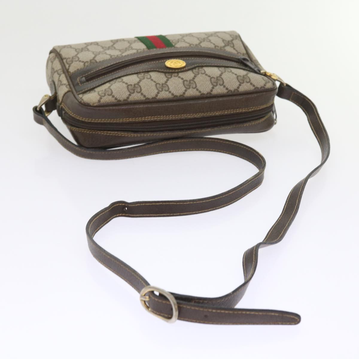 GUCCI GG Canvas Web Sherry Line Shoulder Bag PVC Leather Beige Red 55902