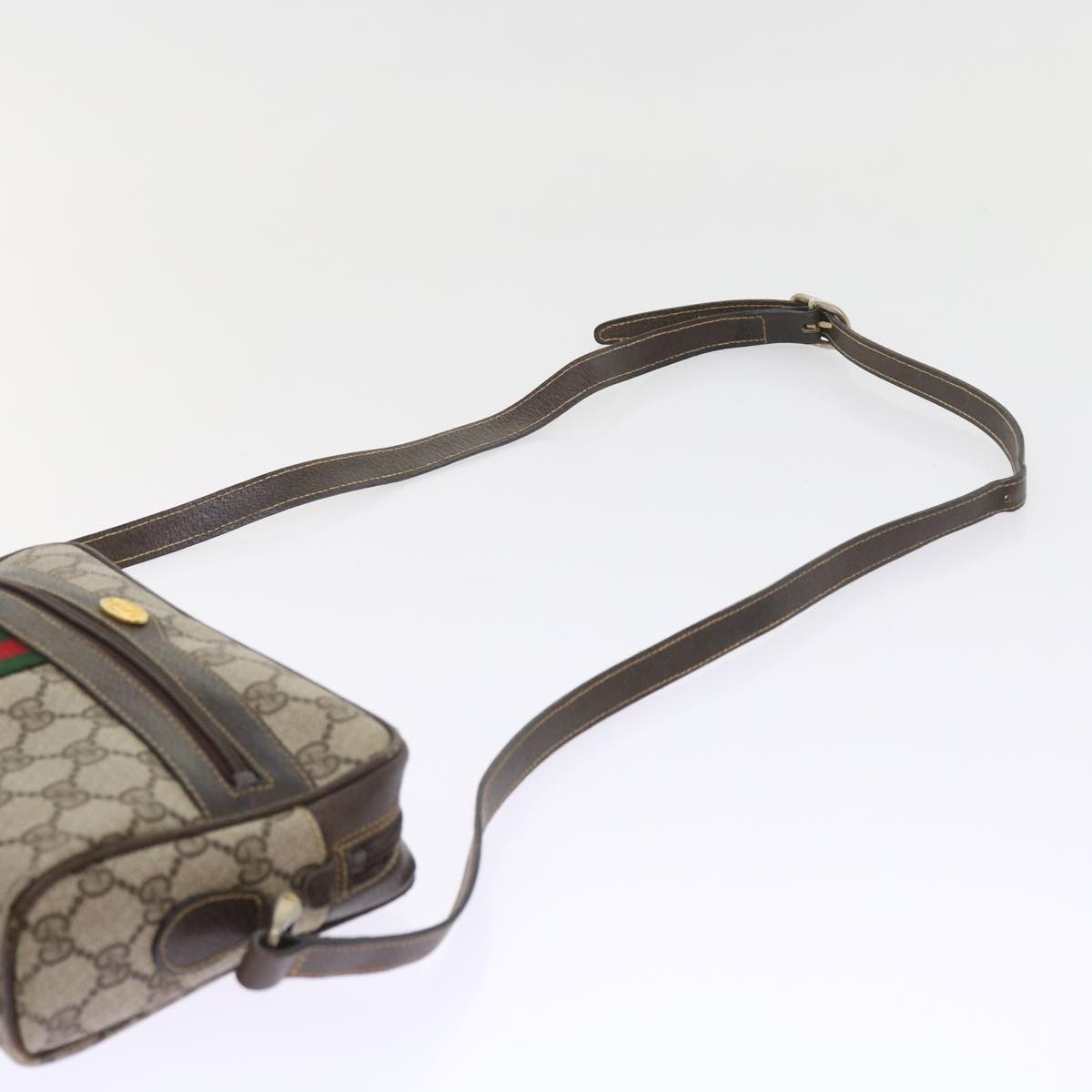 GUCCI GG Canvas Web Sherry Line Shoulder Bag PVC Leather Beige Red 55902