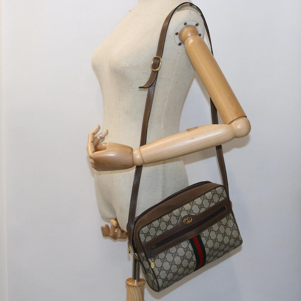GUCCI GG Canvas Web Sherry Line Shoulder Bag PVC Leather Beige Red 55904
