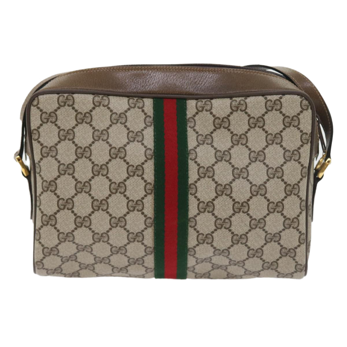 GUCCI GG Canvas Web Sherry Line Shoulder Bag PVC Leather Beige Red 55904