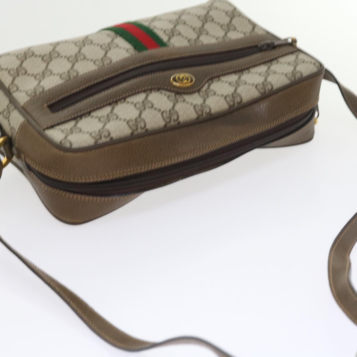 GUCCI GG Canvas Web Sherry Line Shoulder Bag PVC Leather Beige Red 55904
