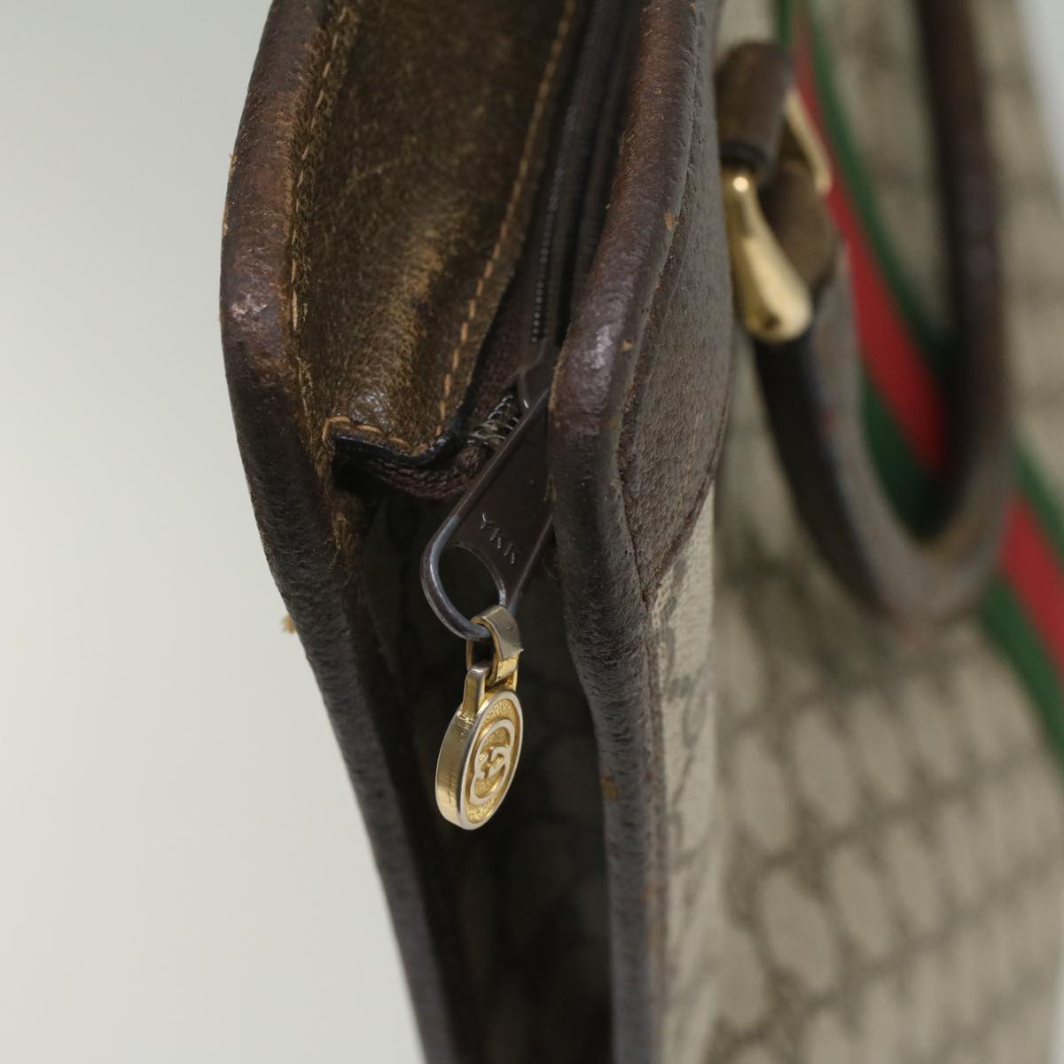GUCCI GG Canvas Web Sherry Line Tote Bag PVC Leather Beige Red Green 56062