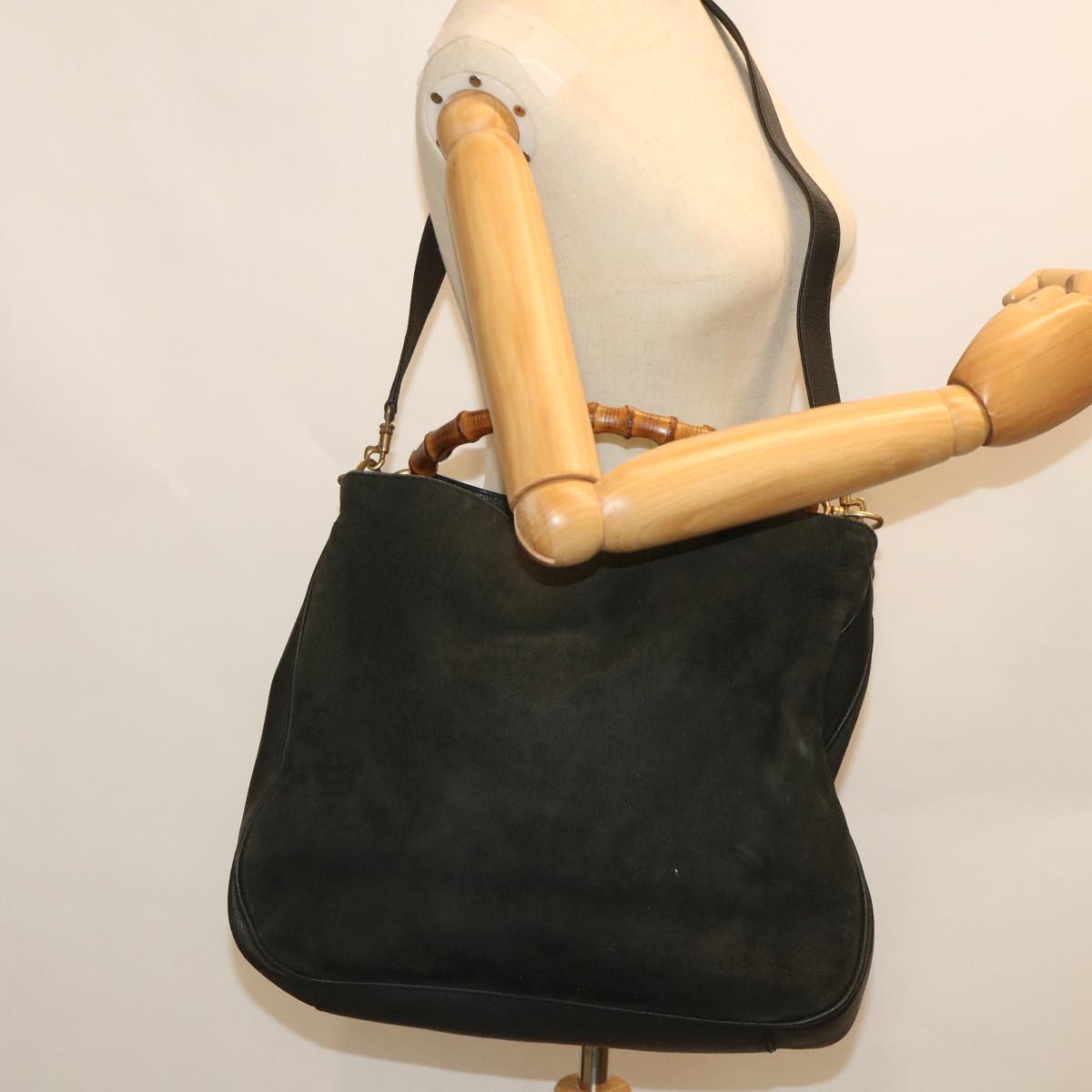 GUCCI Bamboo Shoulder Bag Suede 2way Black 001 1998 1577 56066
