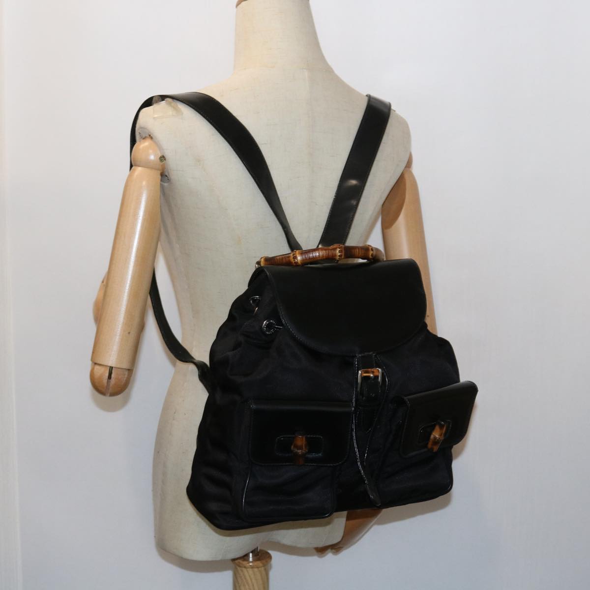 GUCCI Bamboo Backpack Nylon Enamel Black 003 2058 0016 5 56067