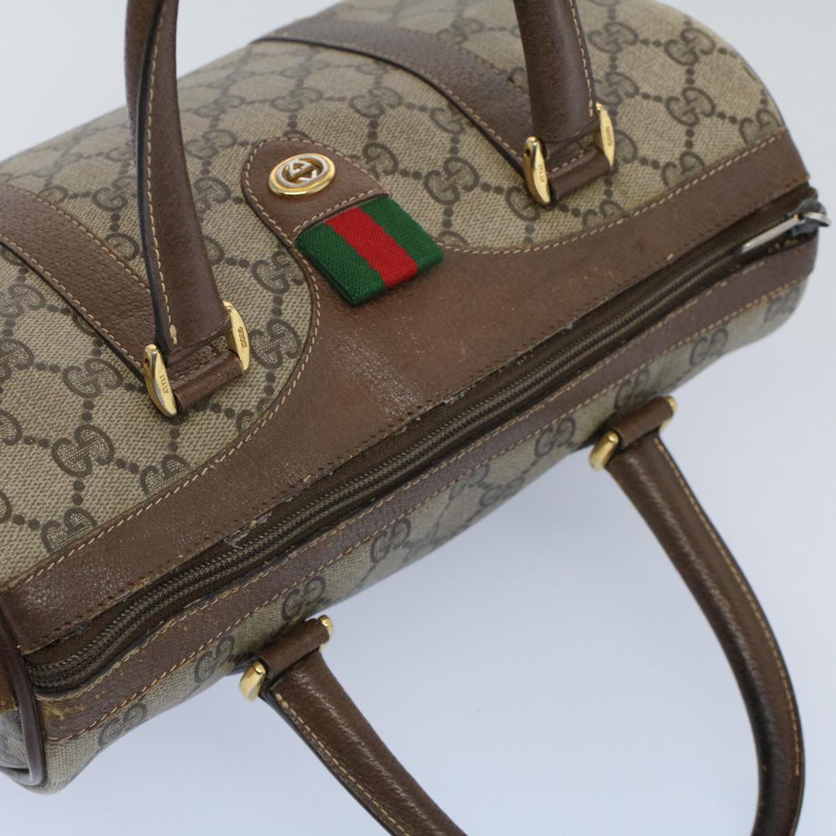 GUCCI GG Canvas Web Sherry Line Hand Bag PVC Leather Beige Red Green 56082