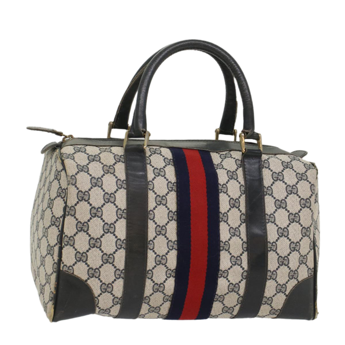 GUCCI GG Canvas Sherry Line Hand Bag PVC Leather Navy Red 56083