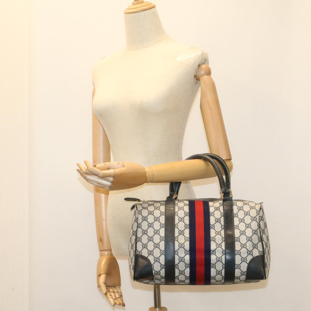GUCCI GG Canvas Sherry Line Hand Bag PVC Leather Navy Red 56083