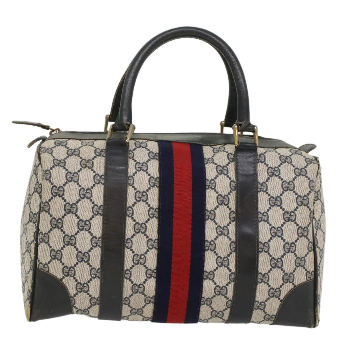 GUCCI GG Canvas Sherry Line Hand Bag PVC Leather Navy Red 56083