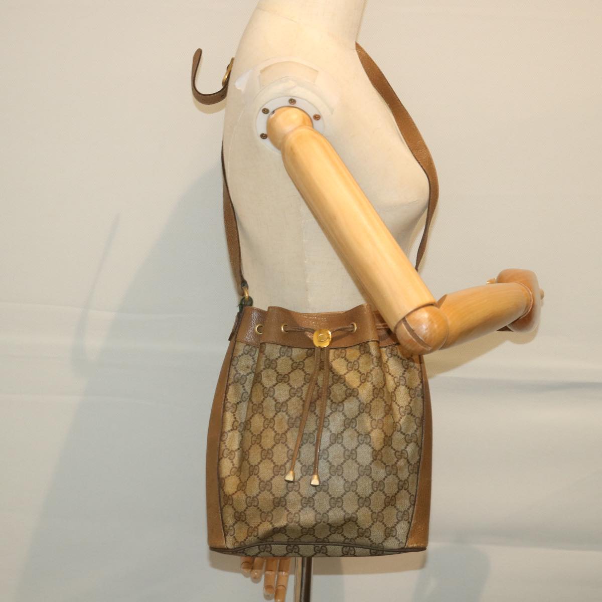 GUCCI GG Canvas Web Sherry Line Shoulder Bag PVC Leather Beige Green 56288