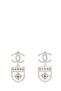 Chanel Silver Shield Detail Dangle CC Logo Earrings