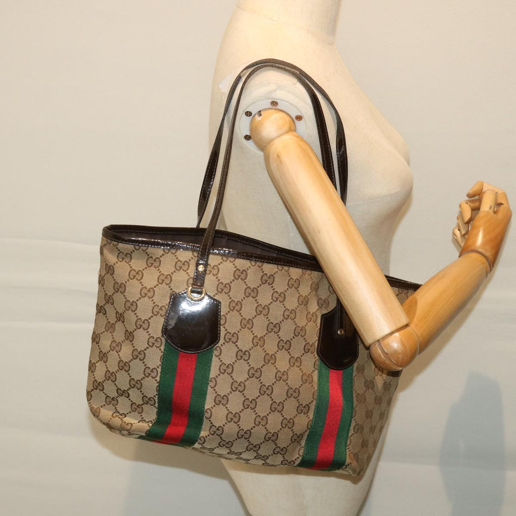 GUCCI GG Canvas Web Sherry Line Tote Bag Beige Red Green 211971 56389
