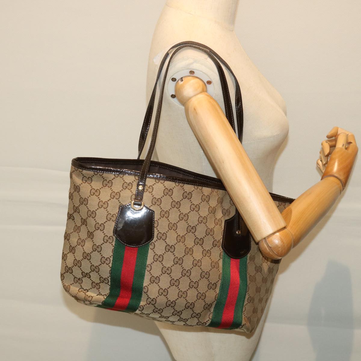 GUCCI GG Canvas Web Sherry Line Tote Bag Beige Red Green 211971 56389