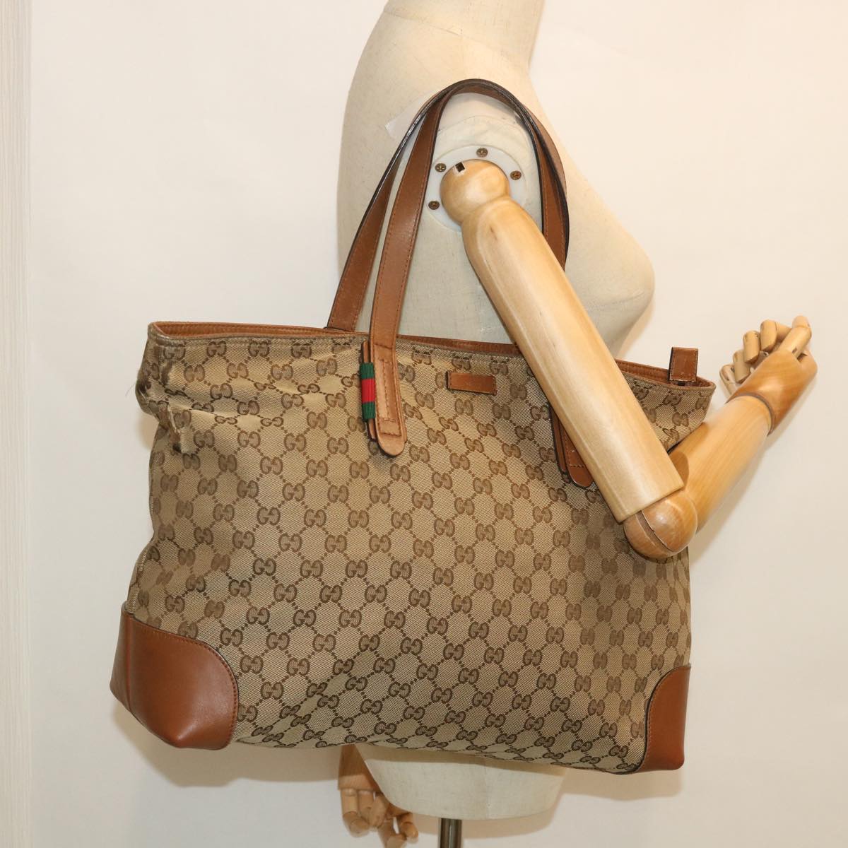 GUCCI GG Canvas Web Sherry Line Tote Bag Beige Red Green 308928 56399