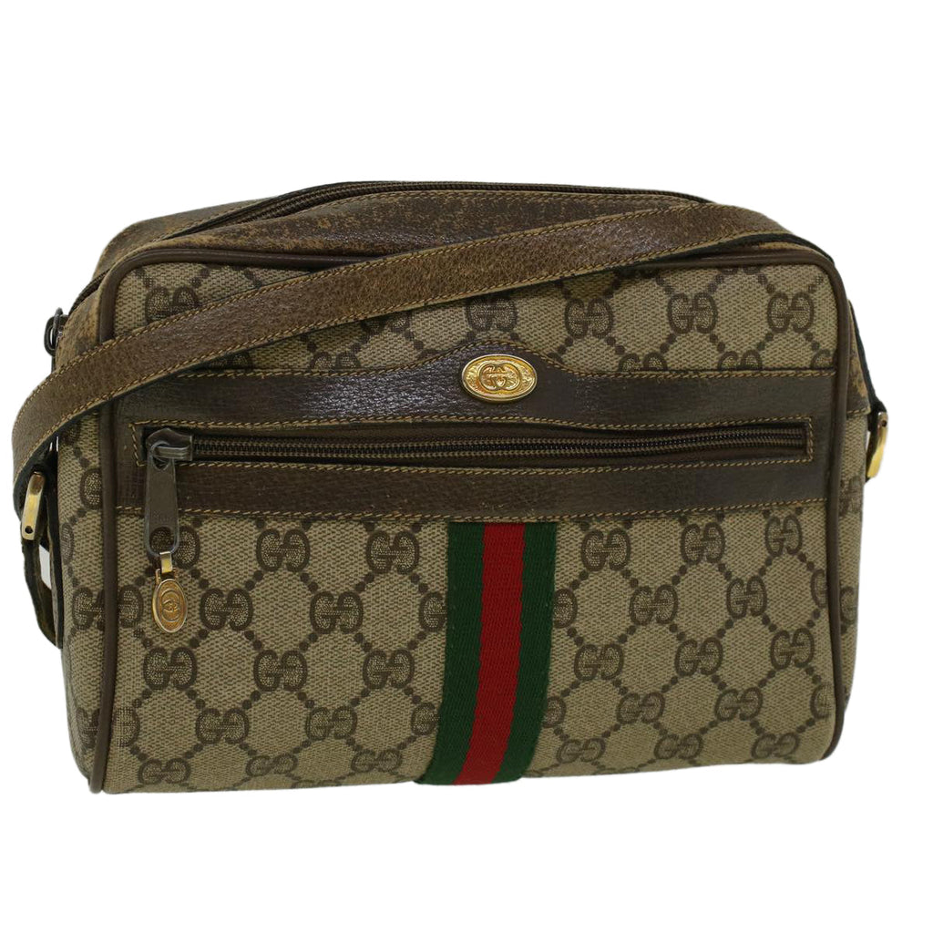GUCCI GG Canvas Web Sherry Line Shoulder Bag PVC Leather Beige Green 56454