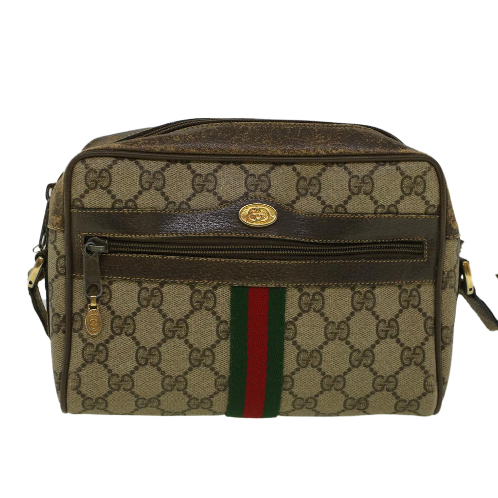 GUCCI GG Canvas Web Sherry Line Shoulder Bag PVC Leather Beige Green 56454