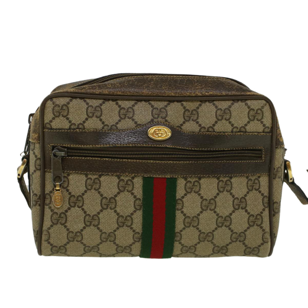 GUCCI GG Canvas Web Sherry Line Shoulder Bag PVC Leather Beige Green 56454