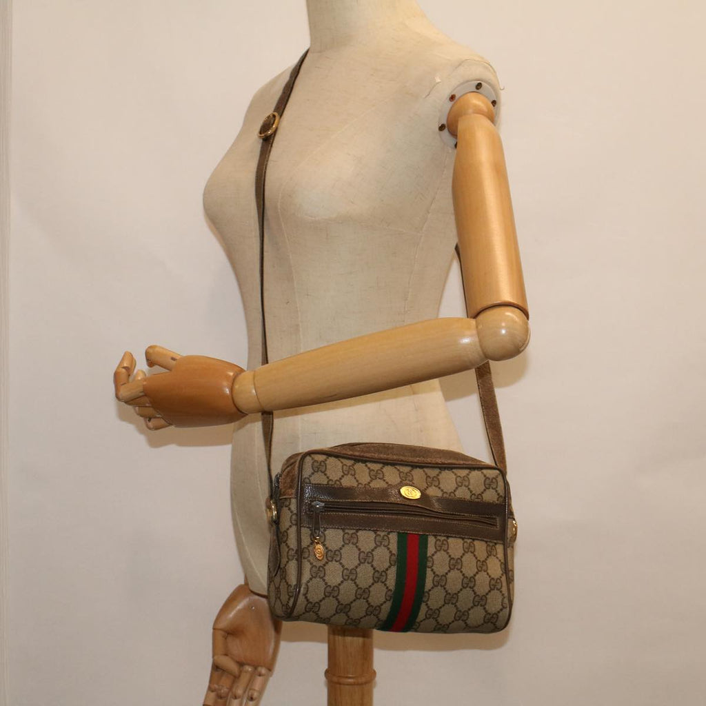 GUCCI GG Canvas Web Sherry Line Shoulder Bag PVC Leather Beige Green 56454