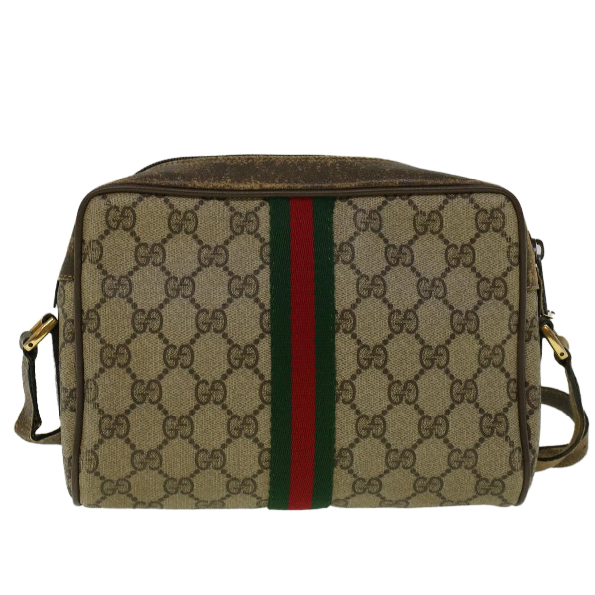 GUCCI GG Canvas Web Sherry Line Shoulder Bag PVC Leather Beige Green 56454