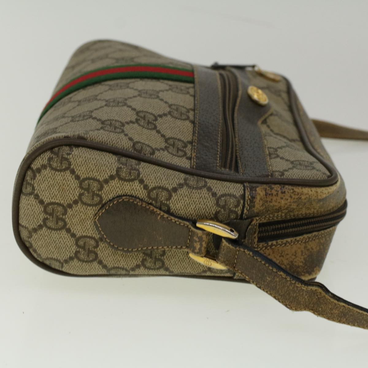 GUCCI GG Canvas Web Sherry Line Shoulder Bag PVC Leather Beige Green 56454