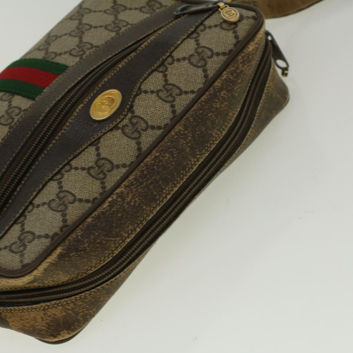 GUCCI GG Canvas Web Sherry Line Shoulder Bag PVC Leather Beige Green 56454